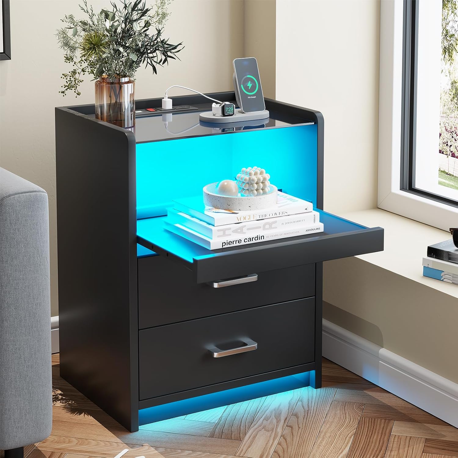 AOGLLATI LED Nightstands Set of 2 with Charging Stationand Glass Top | Black Night Stand with 2 Drawers, Bedside Table with Pull-Out Shelf, Modern End Side Tables with USB Ports Outlets