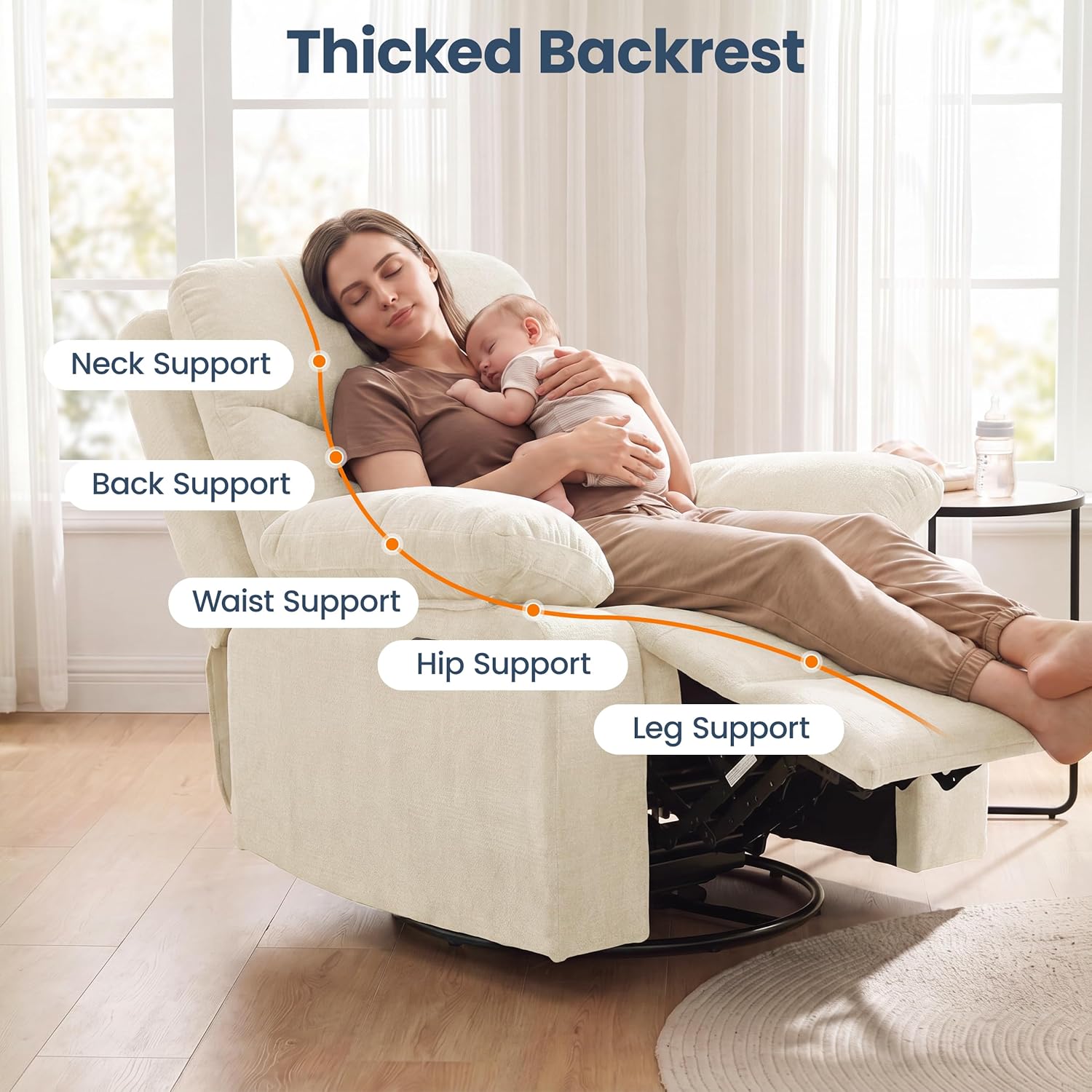 FiveWillowise Rocking Chair Nursery with Adjustable Armrests, 360° Swivel Rocker Recliner for Moms, Manual Gilder Rocker Nursing Chair with Wide Foot Rest for Living Room, Bedroom, Beige