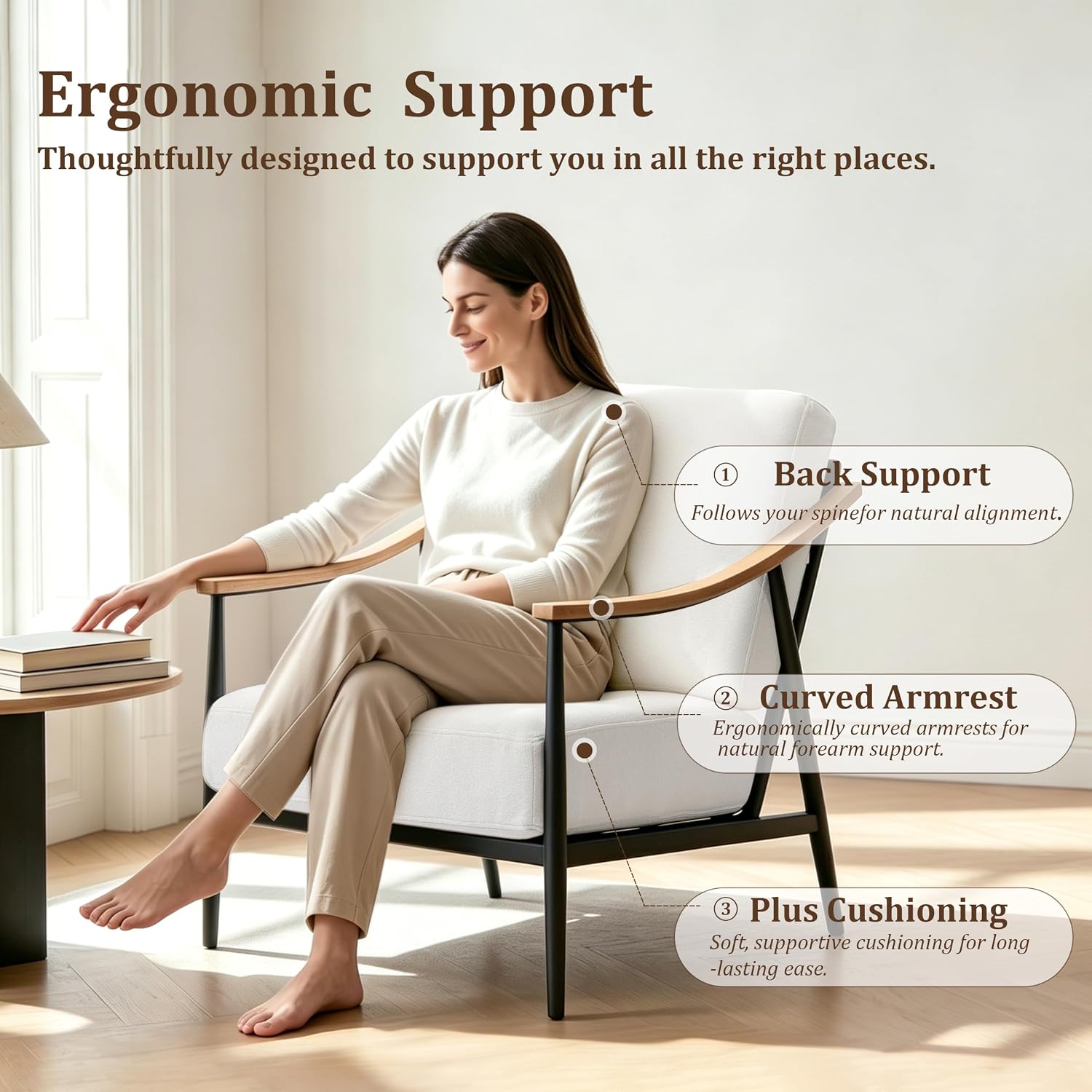 RNKSFX Modern Accent Chairs Set of 2 for Living Room Bedroom Mid Century Arm Chairs Upholstered Office Accent Chairs Comfy Waiting Room Chairs with Metal Frame, Cream White
