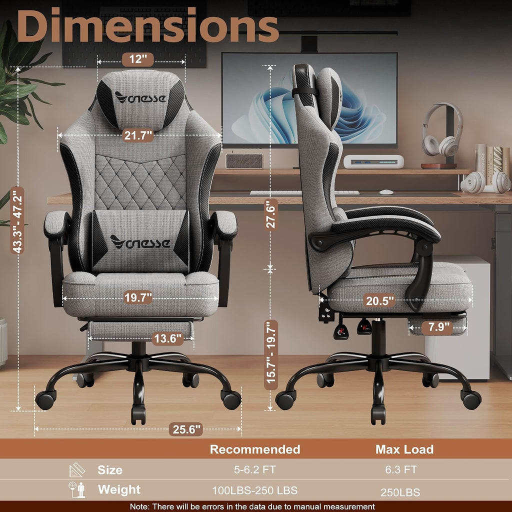 Vonesse Gaming Chair, Office Chair with Linen Breathable Mesh Fabric, Desk Chair with Adjustable Lumbar Support, Executive Computer Chairs with Footrest and Headrest (Gray)