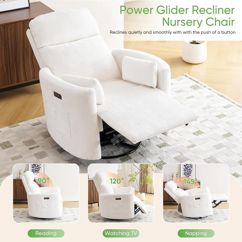 Oversized Power Recliner with Massage and Heat, Swivel Rocker Recliner with Adjustable Headrest, Glider Recliner Nursery Chair with 2 Pillows, rocking nursery recliner for Living Room,Chenille White