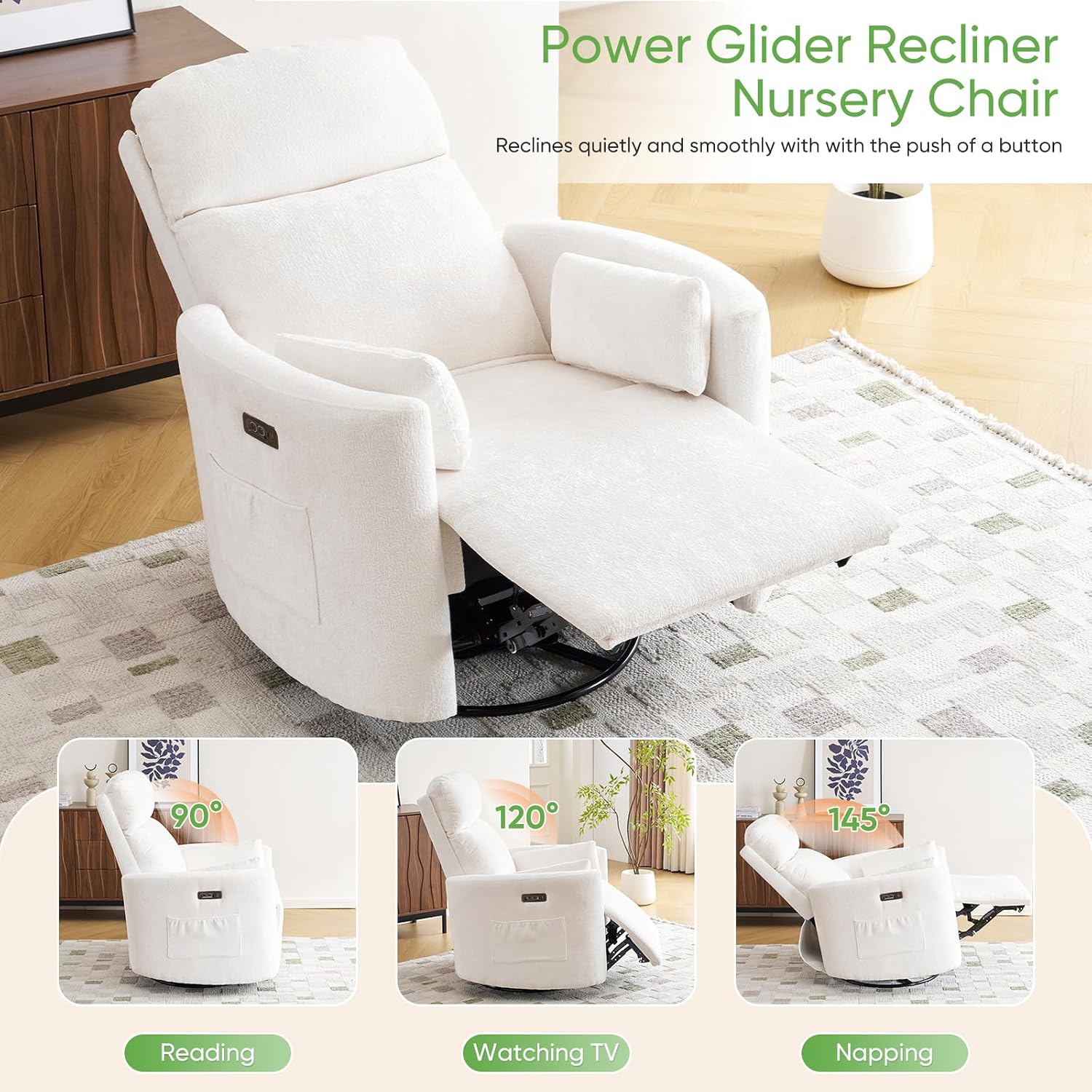 Oversized Power Recliner with Massage and Heat, Swivel Rocker Recliner with Adjustable Headrest, Glider Recliner Nursery Chair with 2 Pillows, rocking nursery recliner for Living Room,Chenille White