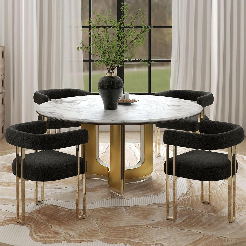 Hyfirm Set of 4 Modern Black Boucle Dining Chairs with Gold Metal Legs, Mid Century Accent Upholstered Barrel Armchairs with Open-Back for Kitchen, Dining Room, Living Room, Apartment
