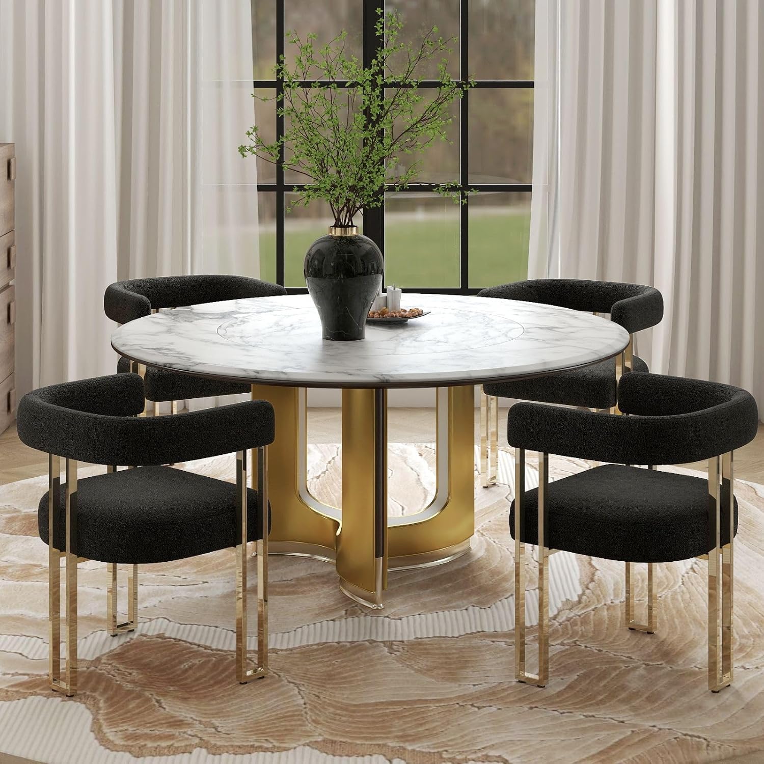 Hyfirm Set of 4 Modern Black Boucle Dining Chairs with Gold Metal Legs, Mid Century Accent Upholstered Barrel Armchairs with Open-Back for Kitchen, Dining Room, Living Room, Apartment
