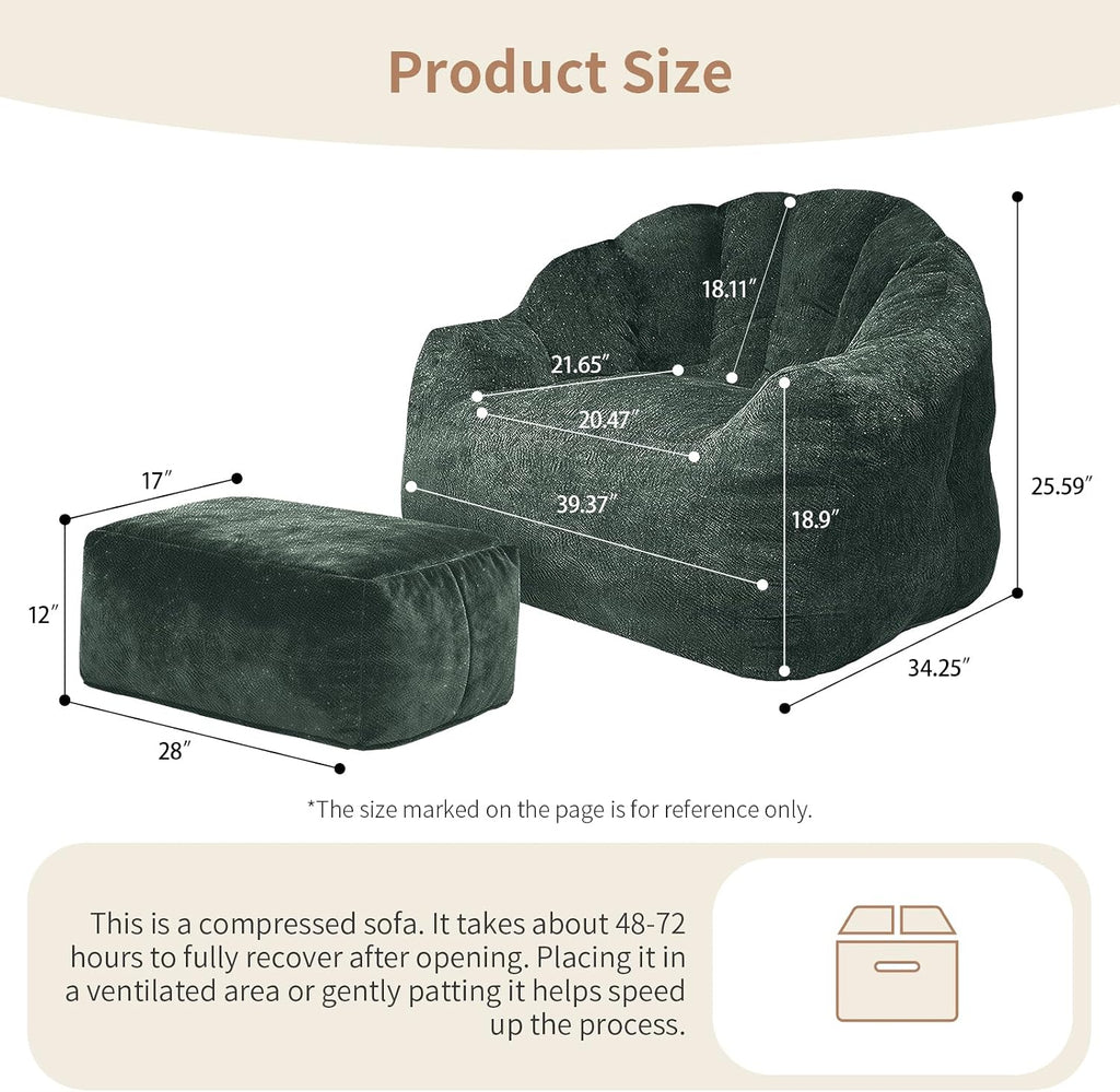 FanYi Cloud Chair Bean Bag Chair with Ottoman for Adults, Oversized Flannelette Shell Chair, High Density Memory Foam Chairs for Adults, Washable Cover Comfy Sofa for Living Room Bedroom,Green