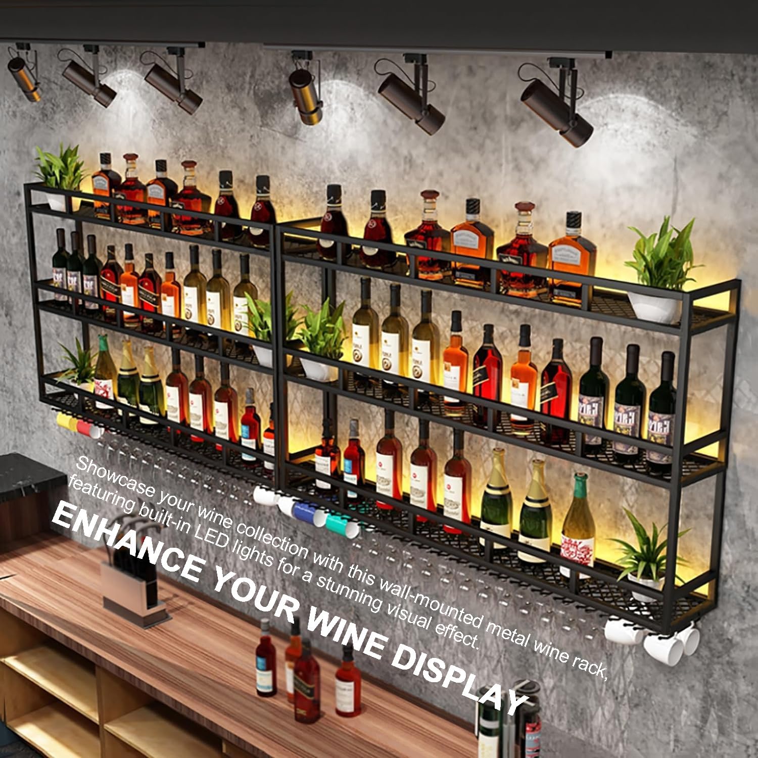 Large Heavy Duty 39in Wine Rack with LED Wall Mounted Bottle Glass Holder Under Shelf, 3-Tiers Liquor Floating Shelves Display Storage Organizer Hanging Long Stemware Goblet Metal for Home Bar