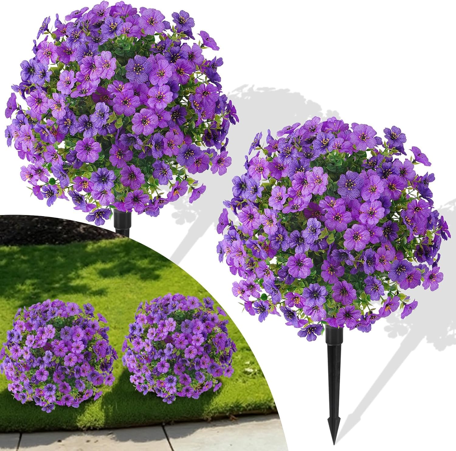 Outdoor Artificial Flowers Fake Plants, Artificial Topiary Balls with Ground Spikes, UV Resistant, Mix 4 Colors, 2 Pack, 20 inch, Garden Porch Patio Gravesite Indoor Decor