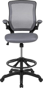 EMMA + OLIVER Mid-Back Dark Gray Mesh Ergonomic Drafting Chair with Foot Ring and Flip-Up Arms