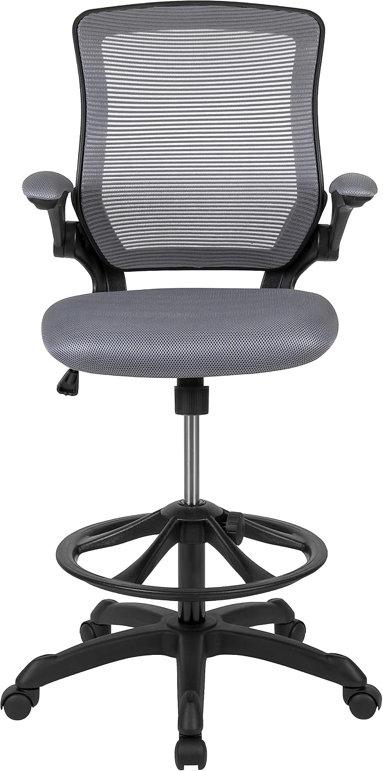 EMMA + OLIVER Mid-Back Dark Gray Mesh Ergonomic Drafting Chair with Foot Ring and Flip-Up Arms