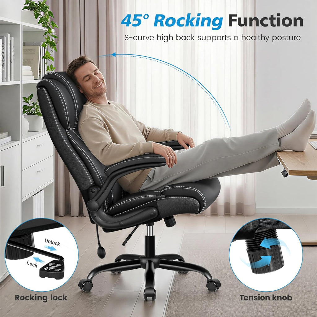 Ergonomic Office Chair – High Back Executive Leather Desk Chair with Inflatable Lumbar Support for Back Pain, Heavy-Duty Computer Desk Chair for Long Workdays, Black