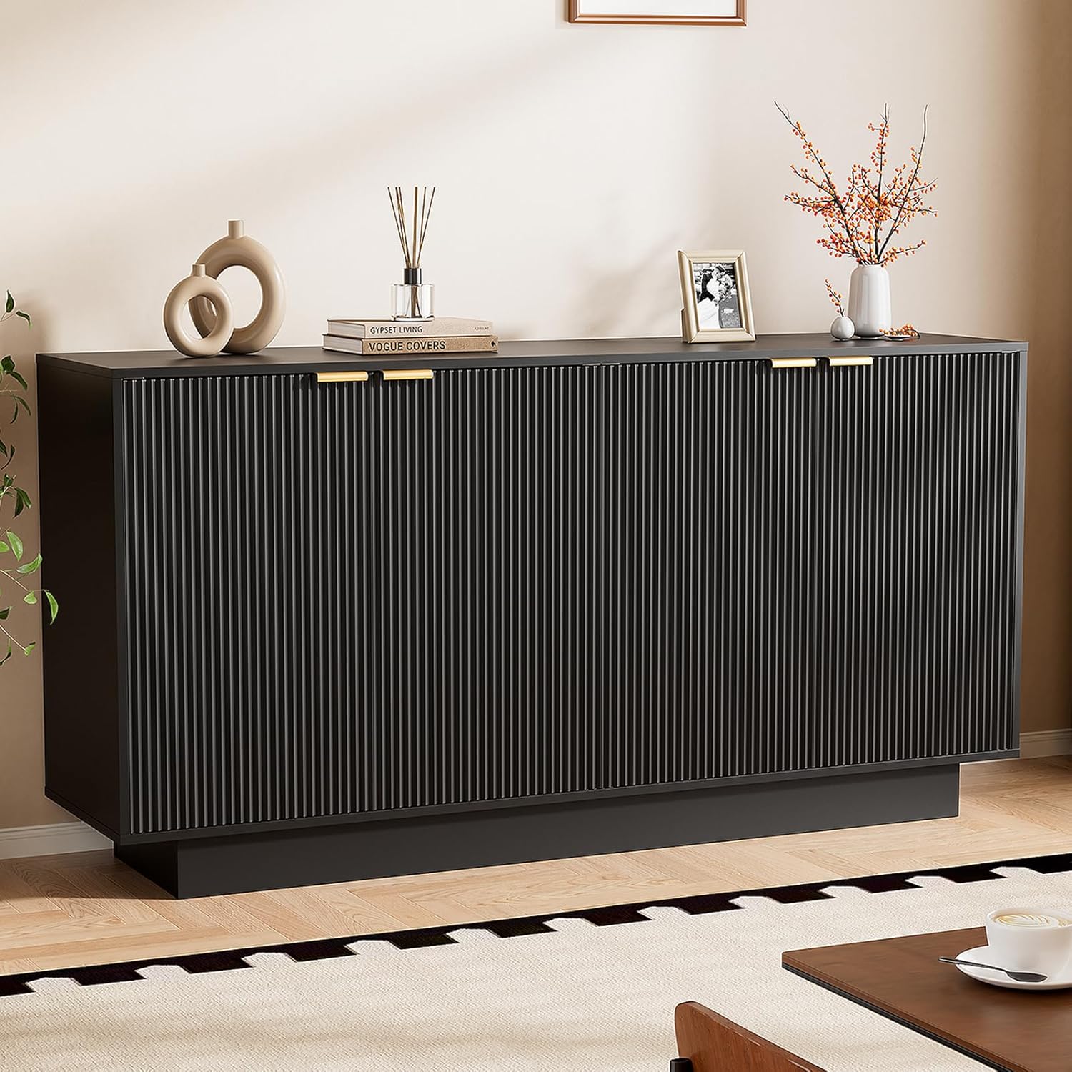 63'' Large Fluted Sideboard Buffet Cabinet, Modern Storage Cabinet with Adjustable Shelf, Console Table Wine Bar Accent Credenza with 4 Doors for Dining Room, Living Room, Hallway(Black)