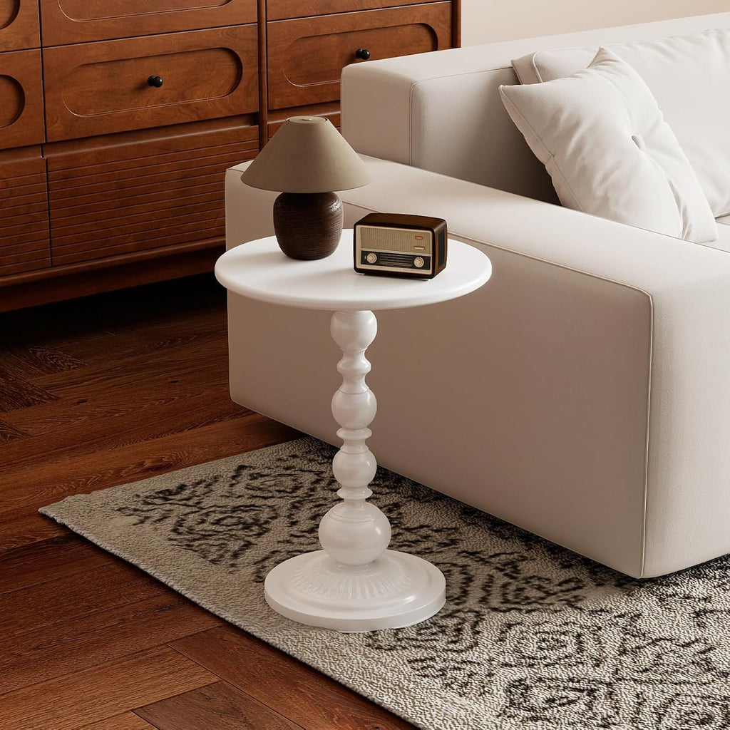 Funecy Metal Small End Table,Vintage Matte Black Round Side Table Nightstand for Bedside or Sofa,Small Accent Pedestal Table for Living Room Corners Bedroom Patio and bar (Light White)