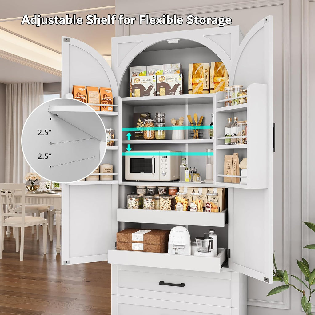 iPormis 71" Tall Kitchen Pantry Storage Cabinet w/Adjustable Shelf, Door Shelves & Large Drawers, Freestanding Kitchen Cupboard for Dining Room/Living Room, White