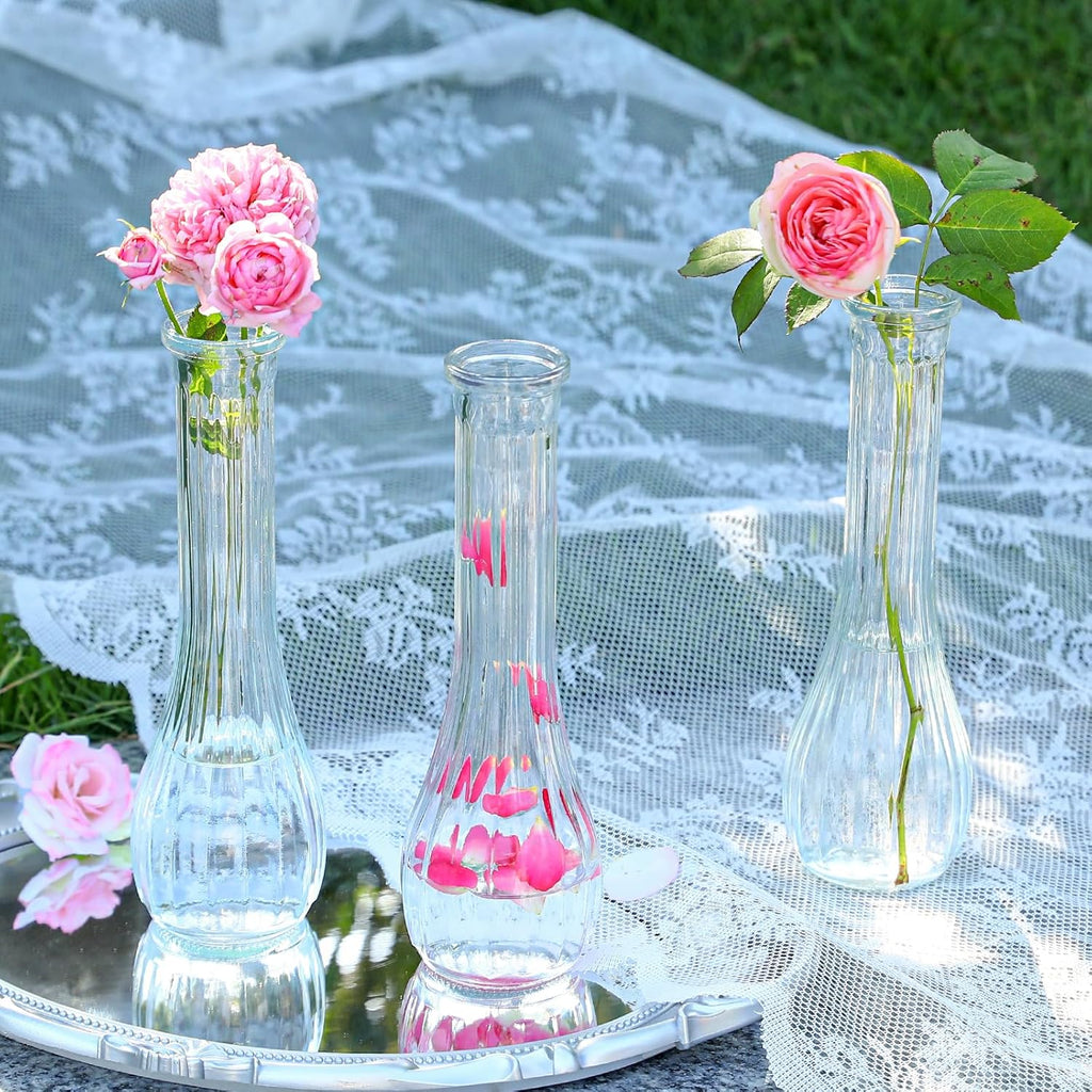Glass Bud Vases for Centerpiece,12 Pcs Small Clear Ribbed Flower Vases for Weddings, Parties, Home Decor (8.5" Tall, Bulk Set) - Minimalist Table Vase for Roses, Pampas Grass, DIY Arrangements