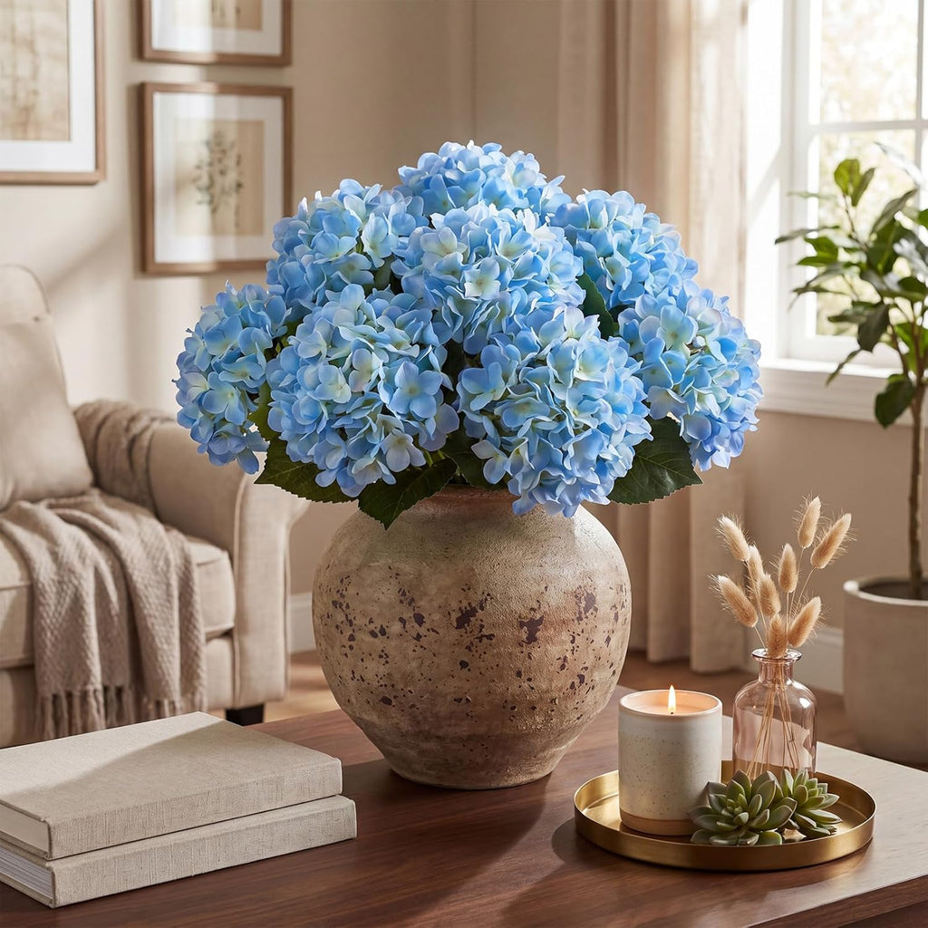 Janinka 3 Pcs Blue Artificial Hydrangea Outdoor Flowers Large Faux Hydrangea Bouquet with 3 Heads Uv-Resistant Waterproof Fake Floral for Table Centerpieces Wedding Yard Garden Decoration