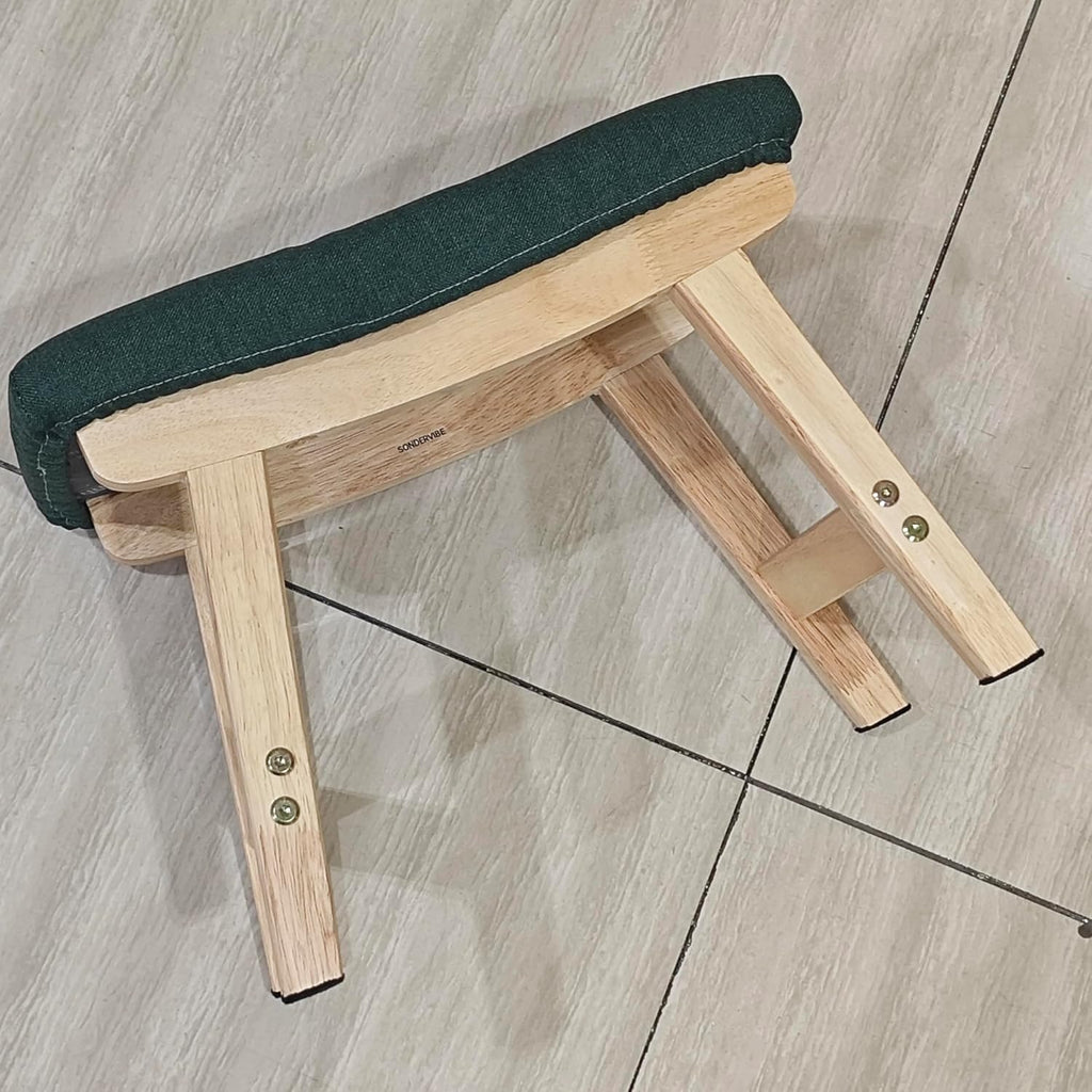 Solid Wood Footstool, Padded Shoe Bench with Fabric Cushion, Modern Upholstered Entryway Stool for Living Room, Bedroom & Dressing Room, Green & Natural Wood