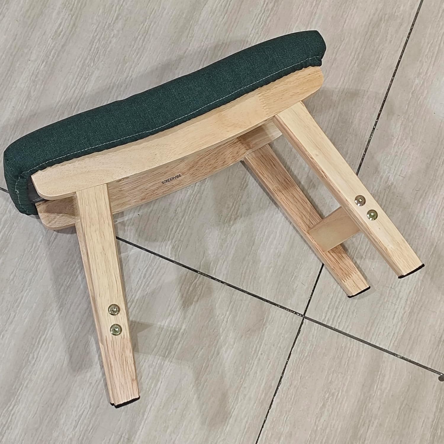 Solid Wood Footstool, Padded Shoe Bench with Fabric Cushion, Modern Upholstered Entryway Stool for Living Room, Bedroom & Dressing Room, Green & Natural Wood