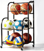 Basketball Rack with Wheels - Space-Saving Vertical Ball Storage for Basketball, Football, Soccer, Rolling Ball Rack for Garage & Outdoor, Heavy-Duty Ball Holder Organizer