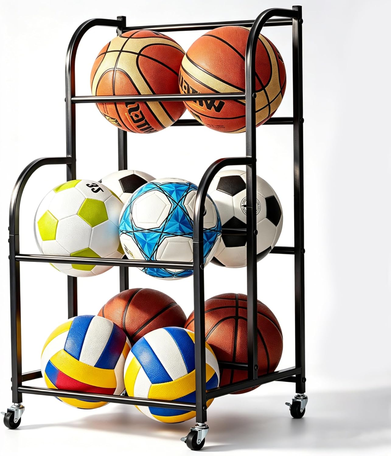 Basketball Rack with Wheels - Space-Saving Vertical Ball Storage for Basketball, Football, Soccer, Rolling Ball Rack for Garage & Outdoor, Heavy-Duty Ball Holder Organizer