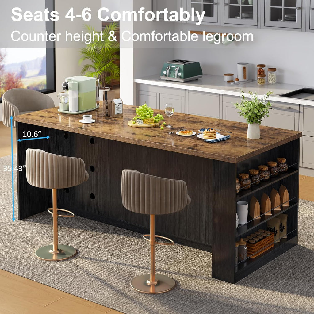 IBF 71" Large Kitchen Island with Storage, Rustic Wood Island Table with Seating for 4-6, Stationary Island Cabinet with Drawers, Fridge Space, Modern Counter Height Island Bar, Rustic Brown and Black