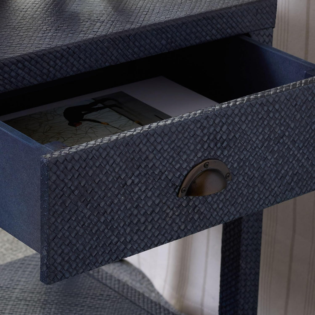 SAFAVIEH Home Collection – Epke Navy 1-Drawer 1-Shelf Accent Table, Woven Raffia Design, Fully Assembled (ACC6616C)