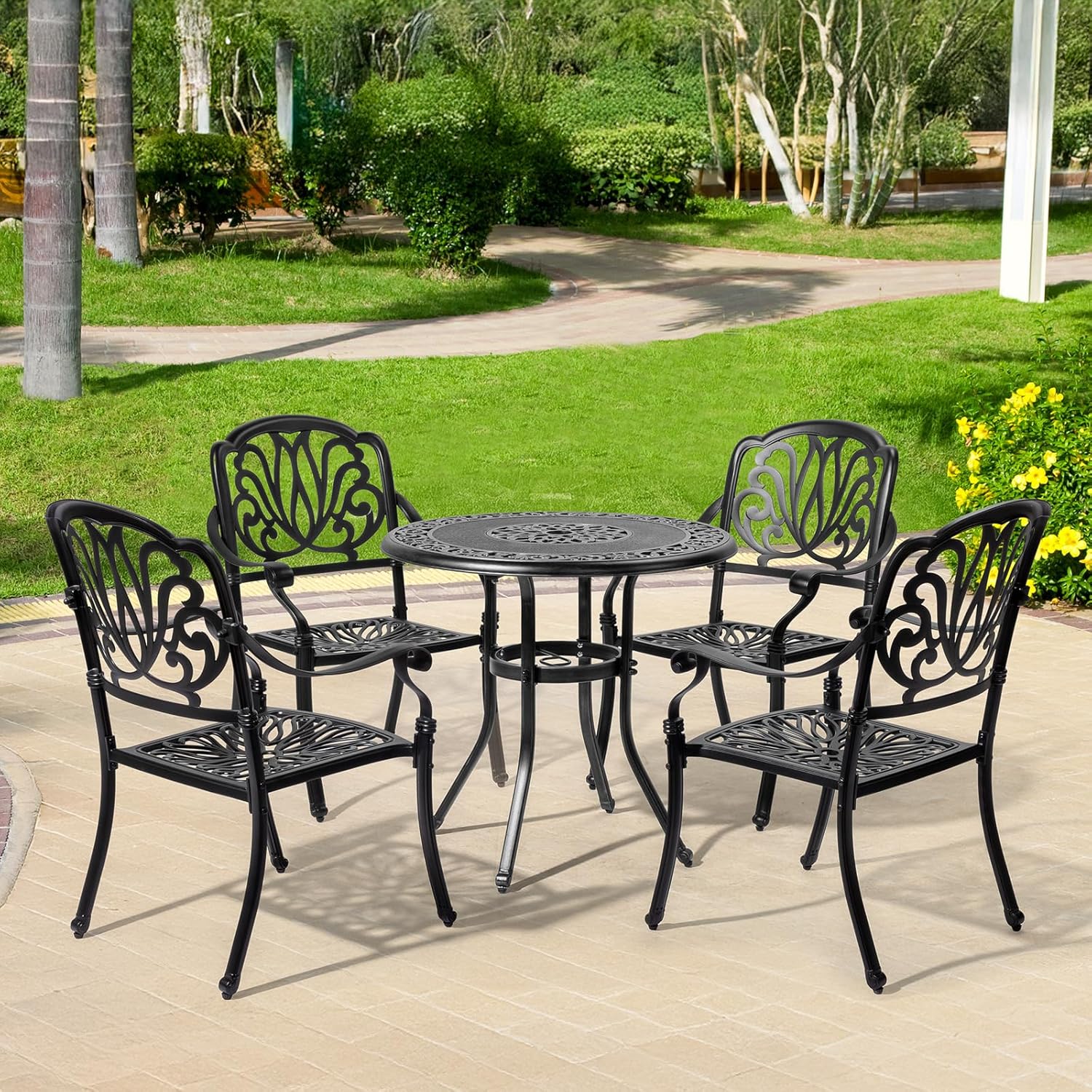 VINGLI Patio Chairs Set of 2 - Stackable Outdoor Cast Aluminum Dining Chairs with Vintage Black Finish and Floral Pattern, Metal Armchairs for Poolside, Backyard, Balcony (with Cushion)