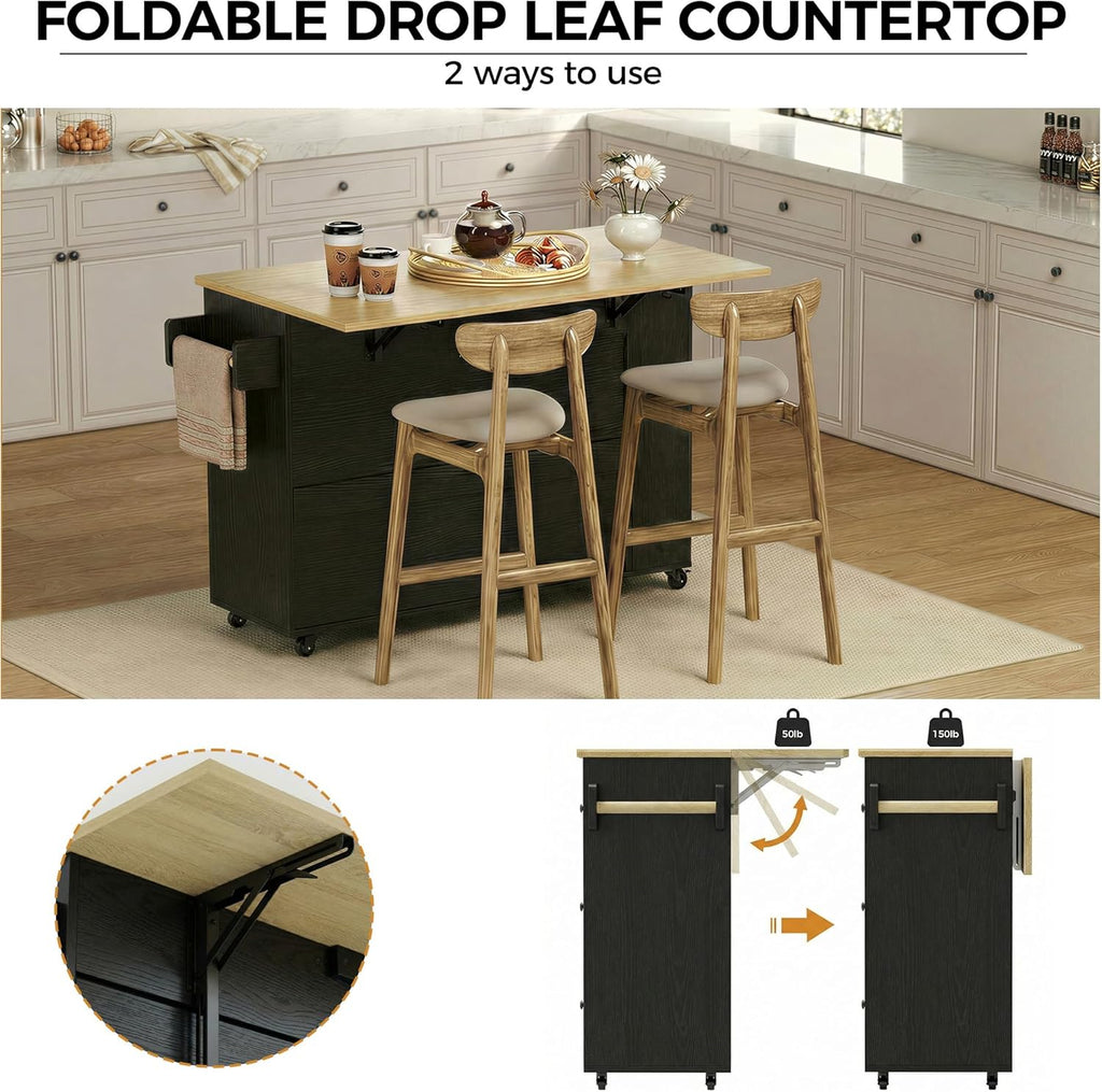 IRONCK Kitchen Island with Storage, 47.2in Rolling Island on Wheels, Kitchen Cart with Drop Leaf, 3 Spacious Drawers, Storage Cabinets and Towel Rack for Home, Dining Room