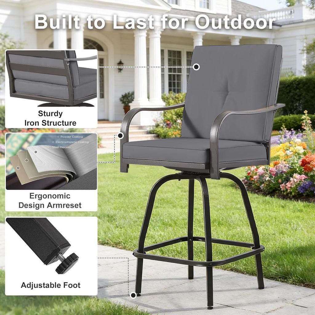 Outdoor Swivel Bar Stools Set of 4, Patio Bar Height Swivel Stools with Cushions for Garden Balcony Backyard, Grey