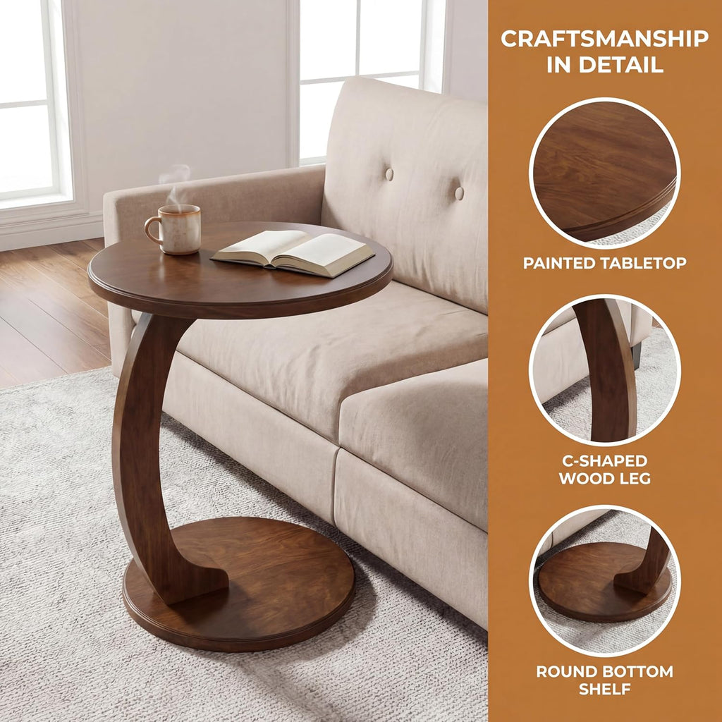 Tribesigns C Shaped End Table, Round Wood Side Table, Mid-Century Modern Style, Heavy Base, for Living Room, Bedroom, Small Space, Brown