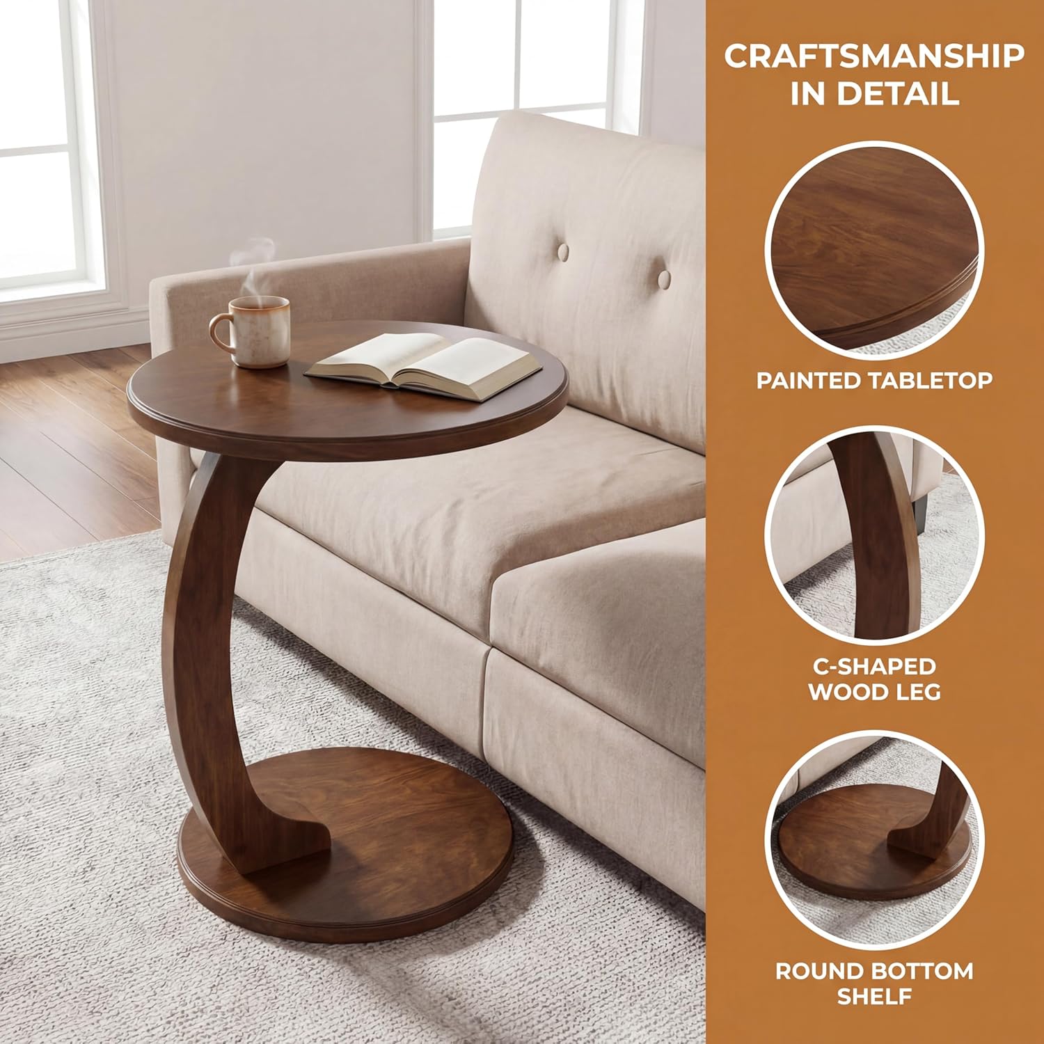Tribesigns C Shaped End Table, Round Wood Side Table, Mid-Century Modern Style, Heavy Base, for Living Room, Bedroom, Small Space, Brown