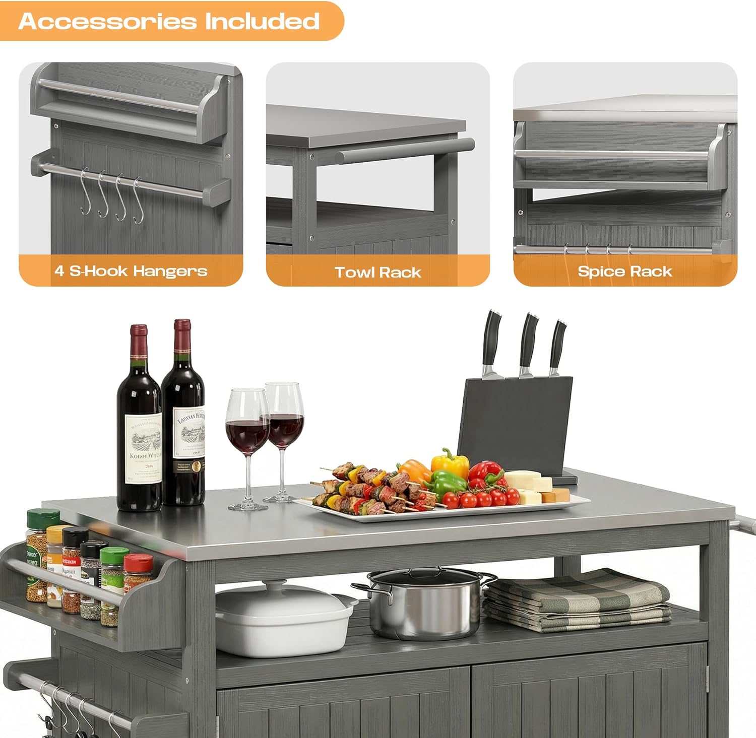 FUQARHY 43.3-Inch Solid Wood Outdoor Kitchen Island with Storage Cabinet, Grill Table with Stainless Steel Top, Outdoor Cooking Prep Station with Lockable Wheels for Backyard, Patio, Party (Gray)