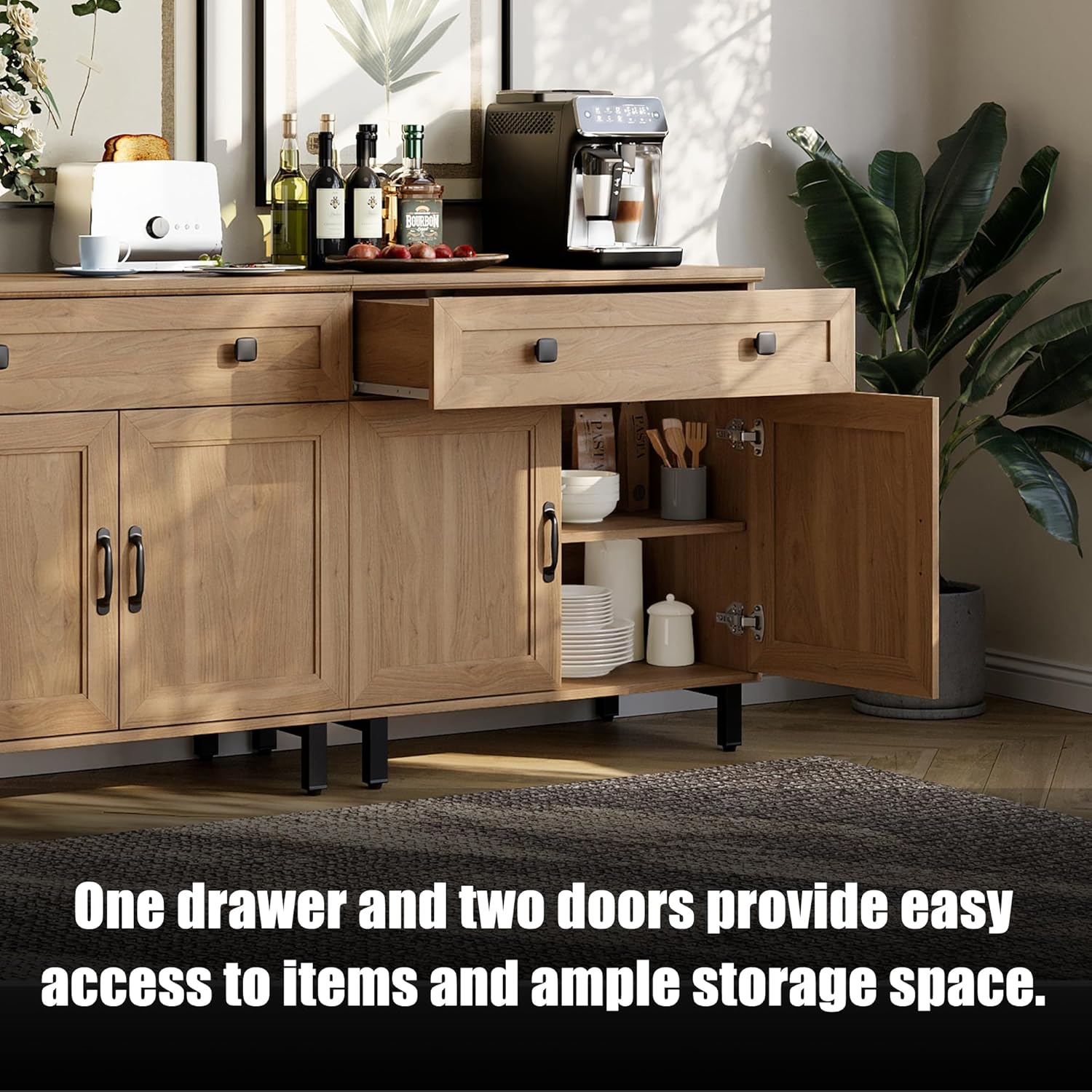 FENSULN Buffet Sideboard Cabinet Farmhouse Modern Storage Cabinet with Drawer and Doors for Kitchen, Coffee Bar, Living Room, Oak