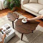 Nesting Coffee Table Set of 2, Monstera Leaf Wooden Side Tableble | Stacking Minimalist End Table for for Living Room Bedroom Apartment Balcony Yard Small Space, Sturdy and Easy Assembly, Brown