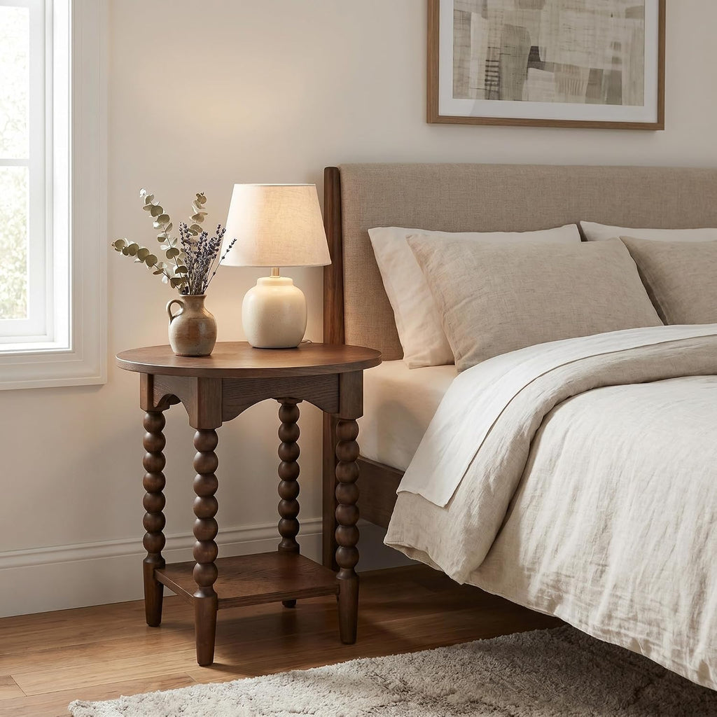 Pembroke 22” Round Cottage End Table with Spindle Legs, Lower Shelf Storage & Levelers, Rustic Oak Veneer & Pine Wood | Cocoa Brown