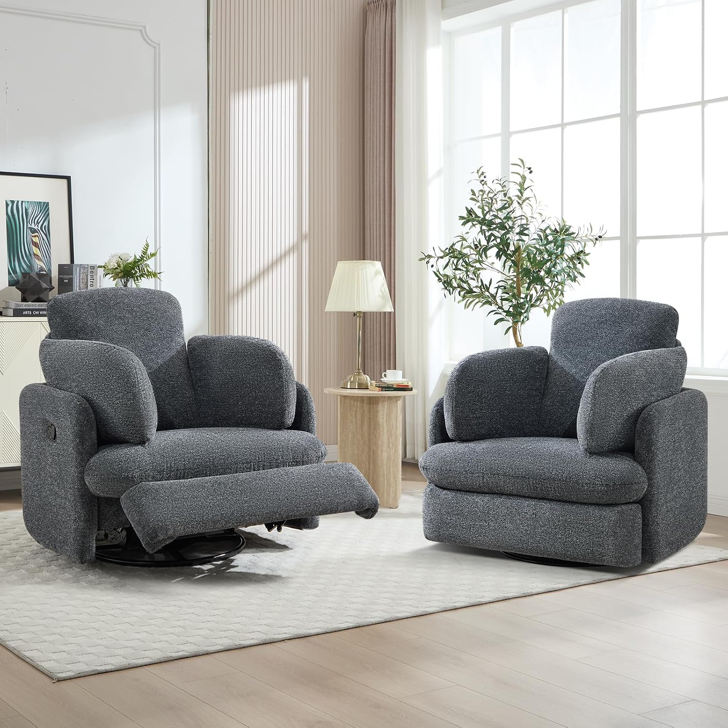 CANMOV Swivel Rocker Recliner, Manual Recliner Chair for Adults, Nursery Glider Rocking Chair with 2 Bolster Pillows and Hidden Storage, Dark Grey