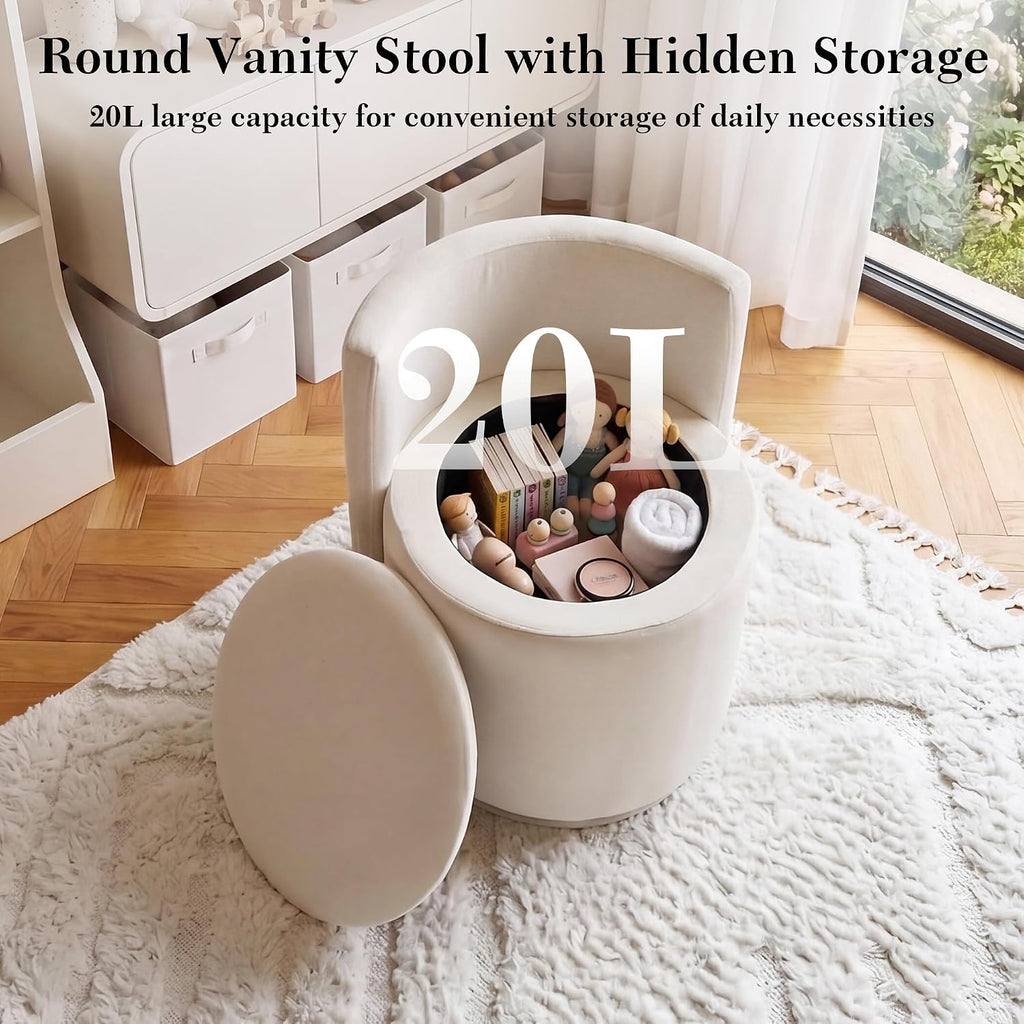 FOXHUNTER Vanity Stool with Storage Vanity Chair with Back, 360°Swivel Accent Chair Upholstered Vanity Chairs for Living Room, Makeup Room,Bedroom,Office(Beige)