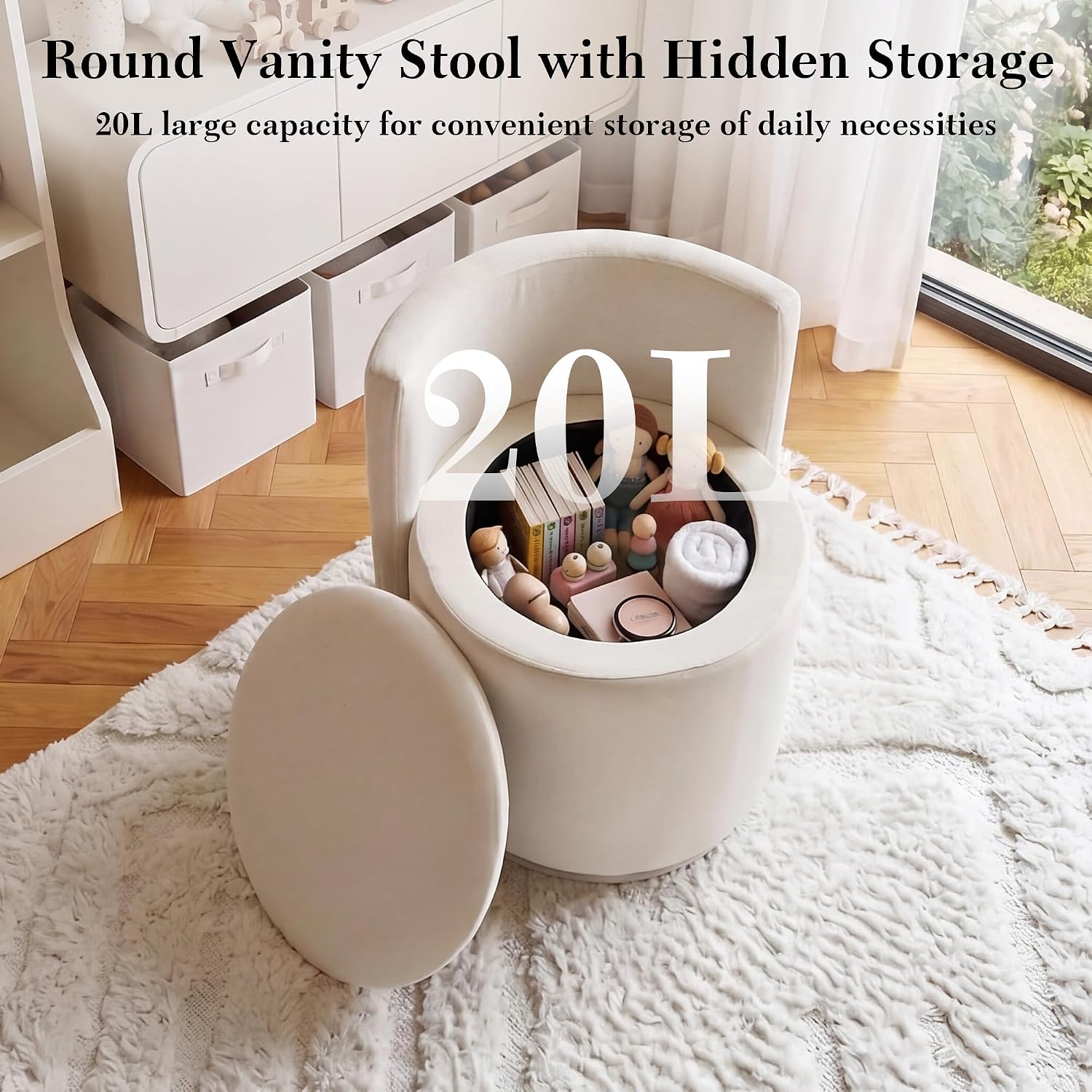 FOXHUNTER Vanity Stool with Storage Vanity Chair with Back, 360°Swivel Accent Chair Upholstered Vanity Chairs for Living Room, Makeup Room,Bedroom,Office(Beige)