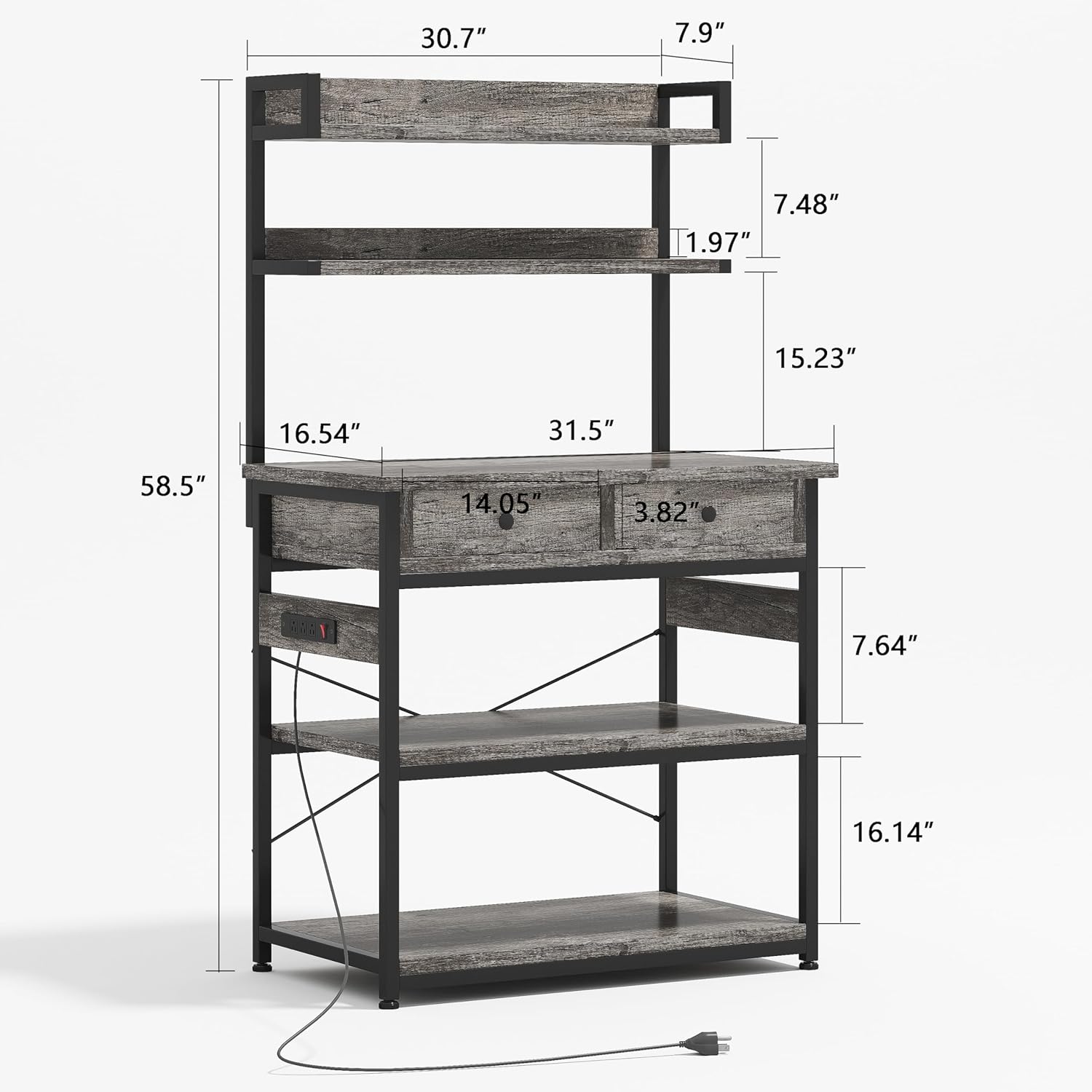 Mexin Baker's Rack with Power Outlet, 5-Tier Kitchen Storage Shelf with 2 Drawers, Industrial Microwave Stand Coffee Bar Station, 58.5" Heavy Duty Utility Rack for Spice Pots and Pans, Gray Oak