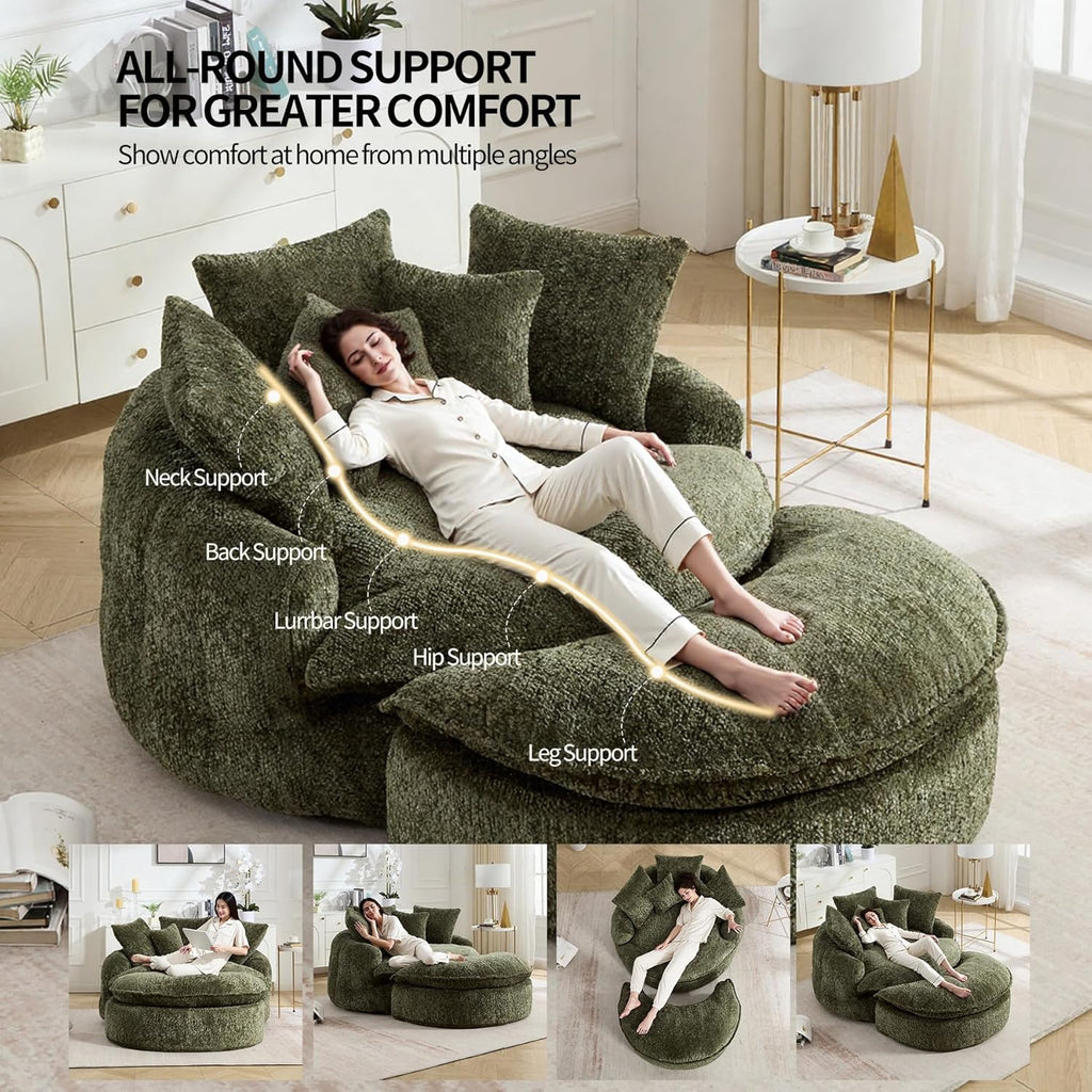 Round Oversized Lounge Chair with Ottoman - Cloud Comfy Boneless Sofa Chair for Living Room Relaxation (Olive Green, Chair and Ottoman)