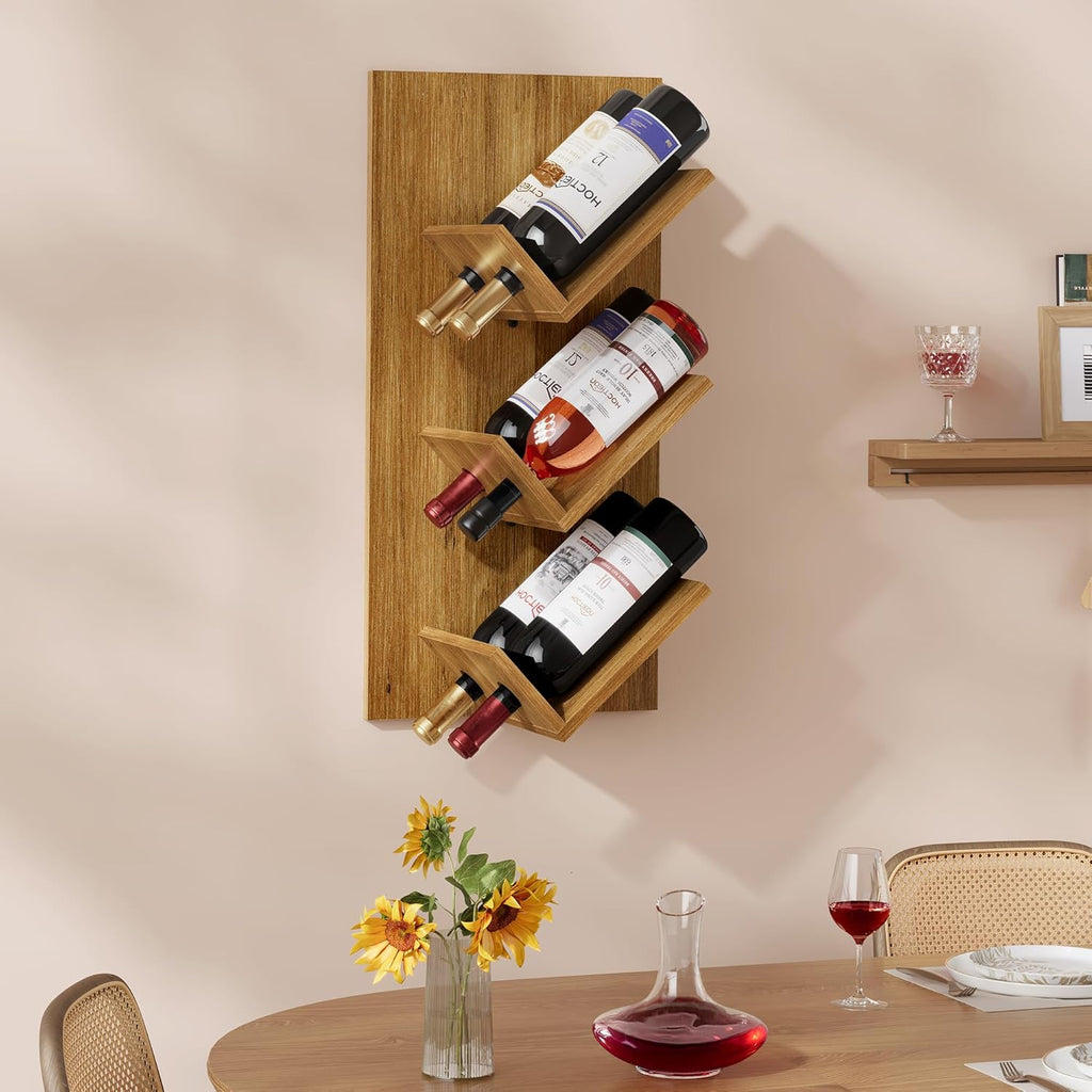 Hoctieon Wine Rack Wall Mounted, 6 Bottles Hanging Wine Racks Bar Shelves for Display & Storage, Rustic Wood Wine Bottle Holder for Home Bar, Kitchen, Dining Room,Warm Brown
