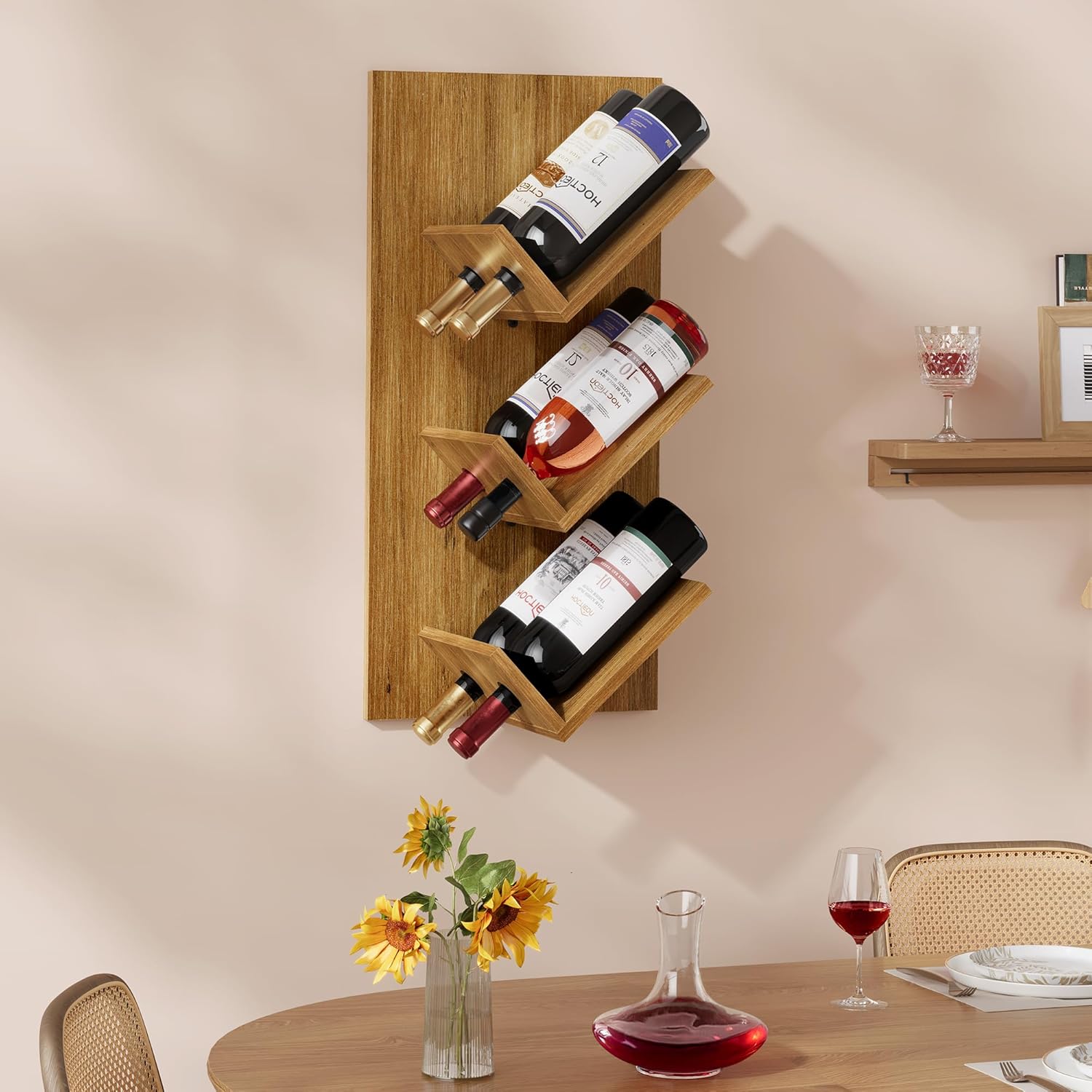 Hoctieon Wine Rack Wall Mounted, 6 Bottles Hanging Wine Racks Bar Shelves for Display & Storage, Rustic Wood Wine Bottle Holder for Home Bar, Kitchen, Dining Room,Warm Brown