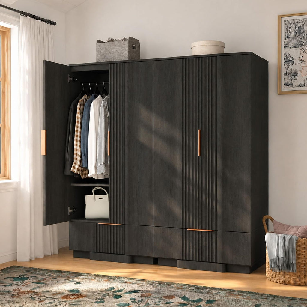 Yechen 67" Fluted Armoire Wardrobe Closet with Doors and Drawer | Wooden Wardrobe Closet Cabinet with Adjustable Shelve, Modern Small Armoires Storage Clothes, Coats for Bedroom, Black