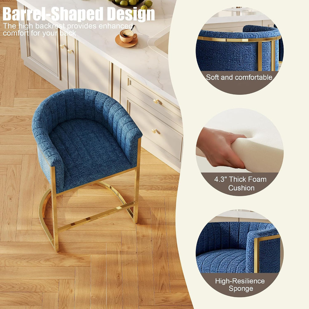 26" H Counter Height Bar Stools Set of 3, Modern Barrel Counter Stools with Backrest, Linen Upholstered Barstools for Kitchen Island, Gold Frame, Support 450 LBS (Blue)