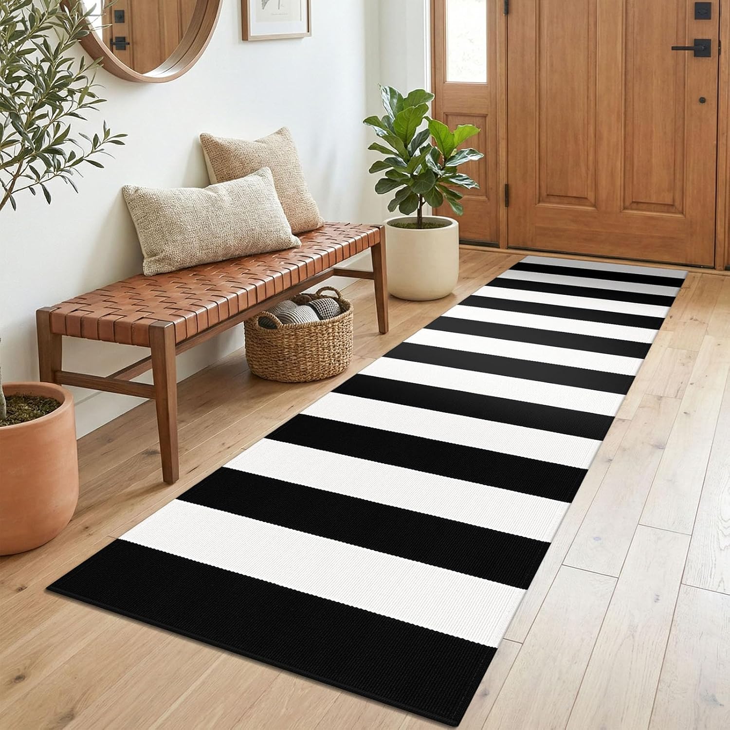 KOZYFLY Black White Striped Runner Rug 2x6 ft Woven Washable Hallway Runner Cotton Farmhouse Kitchen Rug for Entryway Porch Patio Laundry Room