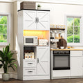 Kitchen Pantry Storage Cabinet with LED Lights and Power Strip, Tall Farmhouse Kitchen Pantry with Barn Doors and Drawers, Adjustable Shelves for Dining Living Room (White)