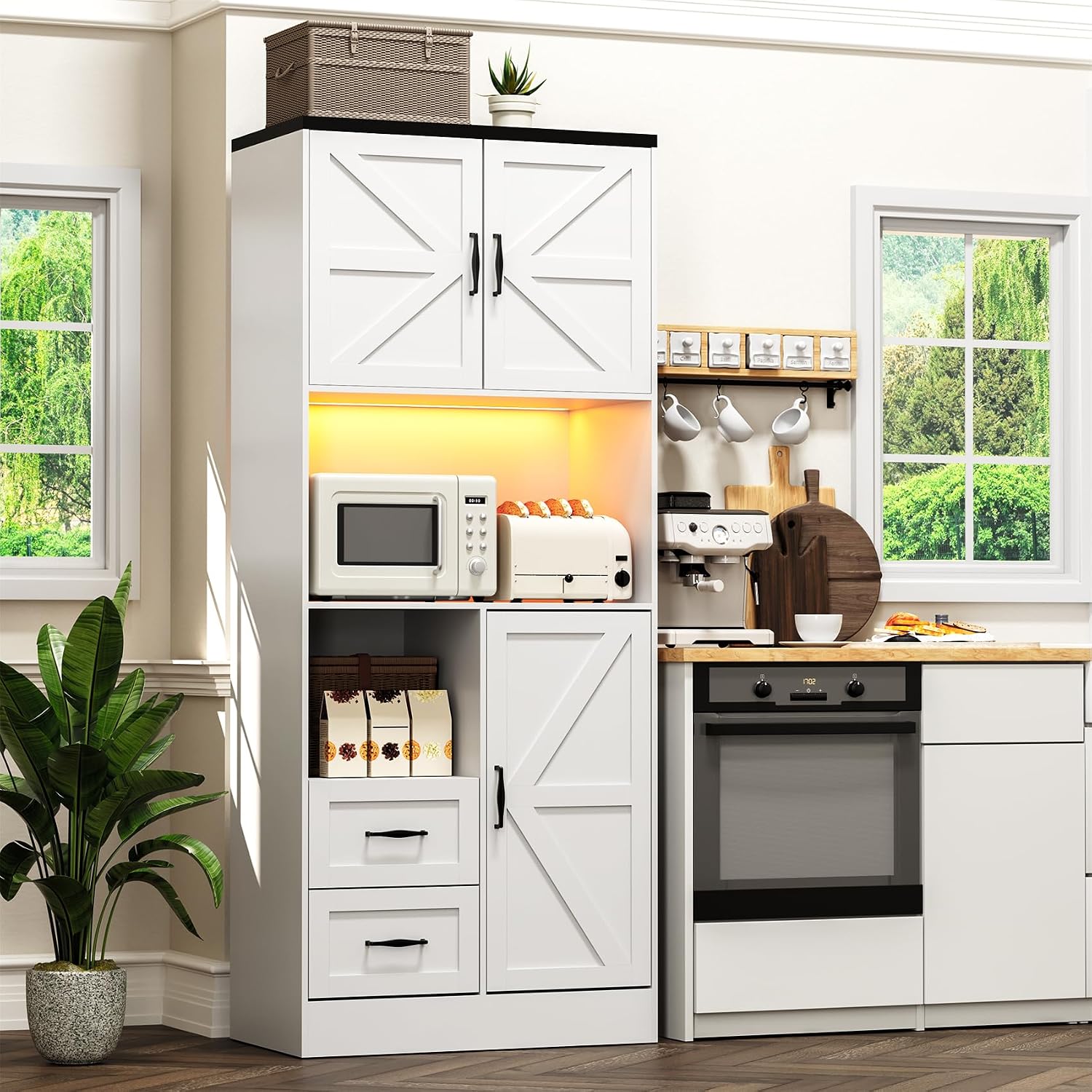 Kitchen Pantry Storage Cabinet with LED Lights and Power Strip, Tall Farmhouse Kitchen Pantry with Barn Doors and Drawers, Adjustable Shelves for Dining Living Room (White)