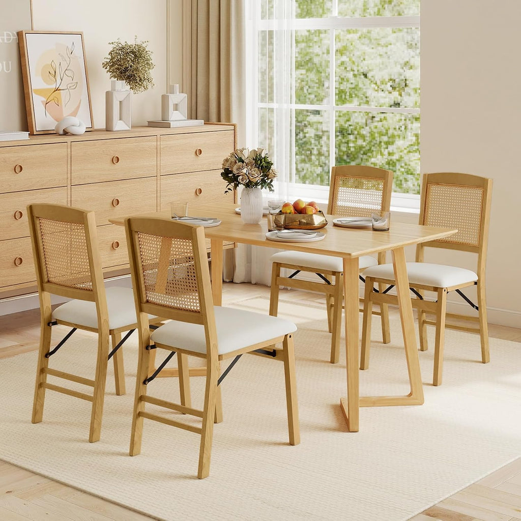HAPPYGRILL Folding Dining Chairs Set of 2, Wood Kitchen Chair with Rattan Backrest & Padded Seat, Foldable Armless Side Chairs Set for Dining Room, Living Room, No Assembly (2, Natural & Beige)