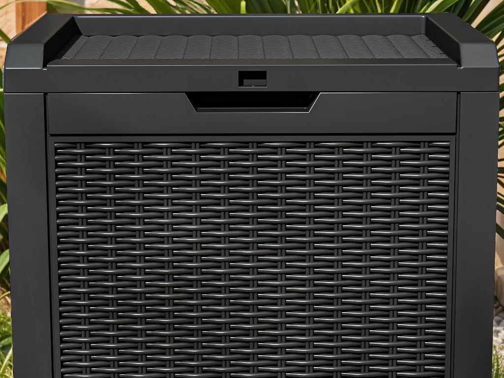 Lockable 32 Gallon Outdoor Storage Deck Box with Lid, Waterproof Resin Patio Seating Bench for Garden Tools, Cushions, Pool Toys, Black