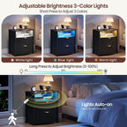 Dystler Fluted Night Stand with Gun Drawer & Card-Lock, 19.7" W Curved Nightstand with Charging Station and LED Lights, 2 Drawers Smart Bedside Table for Bedroom (1, Black)