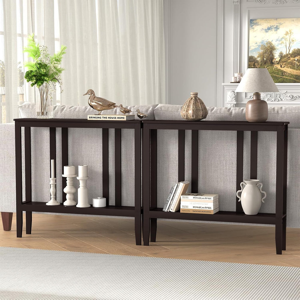 ELYKEN Bamboo 2-Tier Narrow Console Table, 36.2" Long Slim Sofa Table Behind Couch for Entryway, Hallway, Living Room, Brown